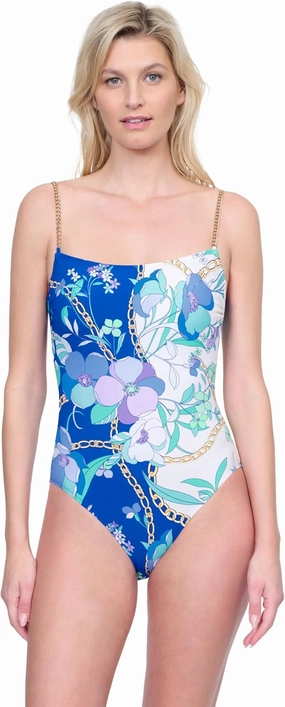 Gottex Memories of Capri Womens Multi Round Neck One Piece Swimsuit with Gold Chain Straps and Soft Cups Swim Essential