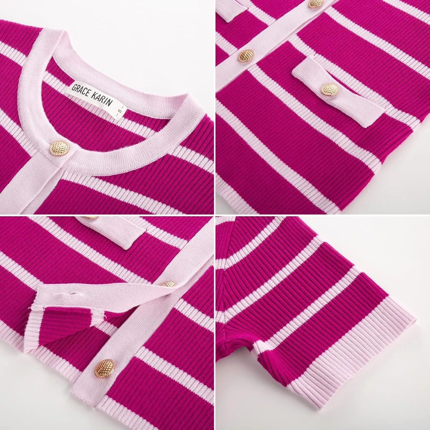 GRACE KARIN Women's Short Sleeve Striped Sweater Gold Button Cardigan Fitted Knit Crewneck Button Down Business Casual Top