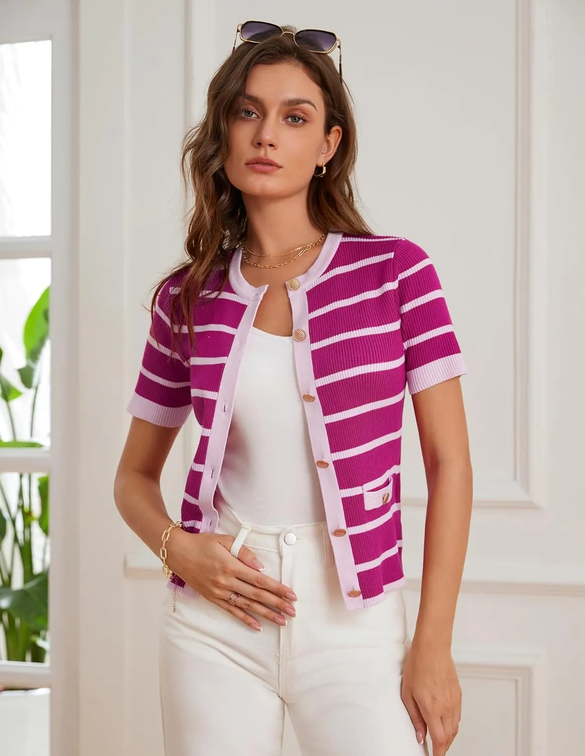 GRACE KARIN Women's Short Sleeve Striped Sweater Gold Button Cardigan Fitted Knit Crewneck Button Down Business Casual Top