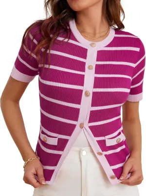 GRACE KARIN Women's Short Sleeve Striped Sweater Gold Button Cardigan Fitted Knit Crewneck Button Down Business Casual Top