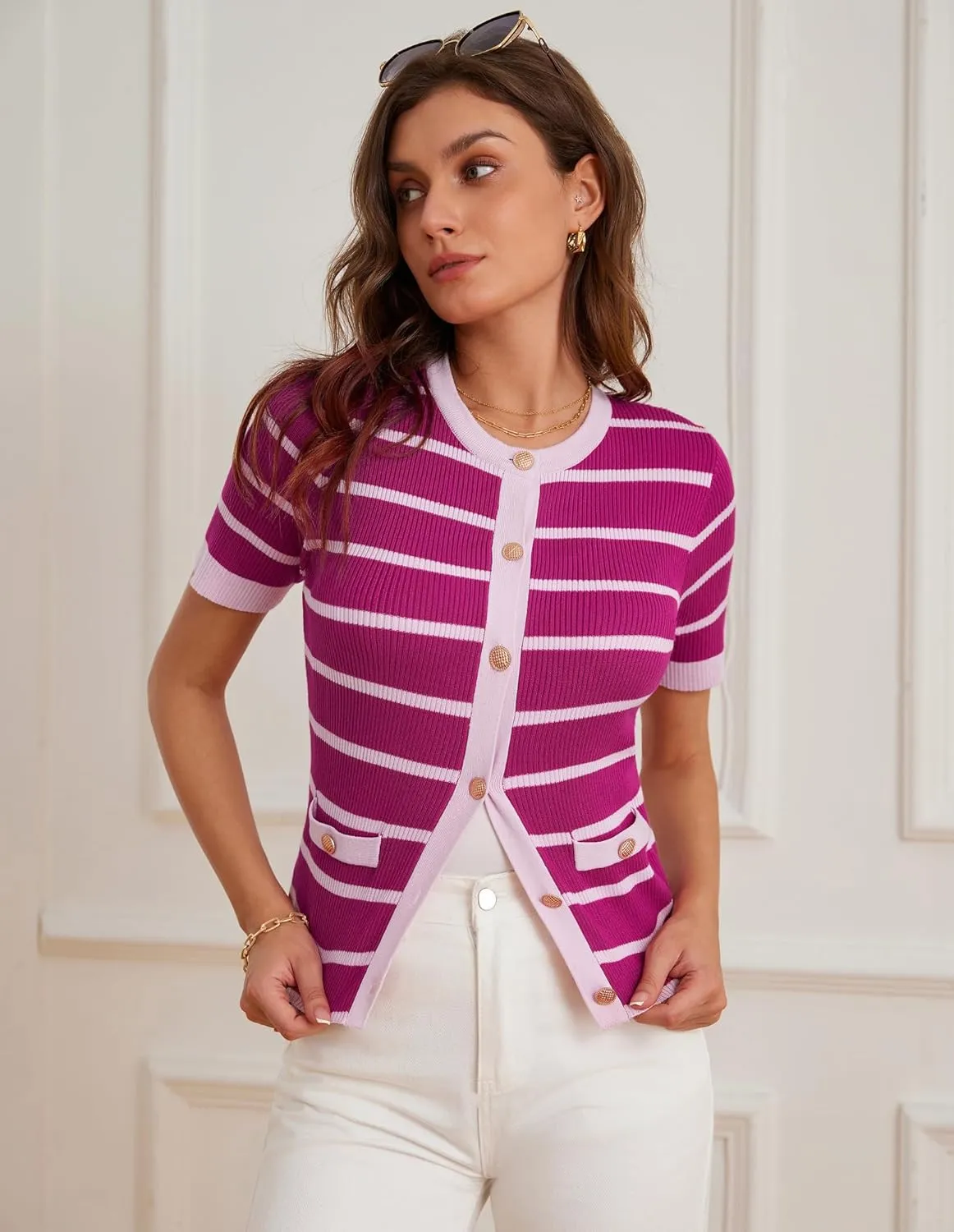 GRACE KARIN Women's Short Sleeve Striped Sweater Gold Button Cardigan Fitted Knit Crewneck Button Down Business Casual Top