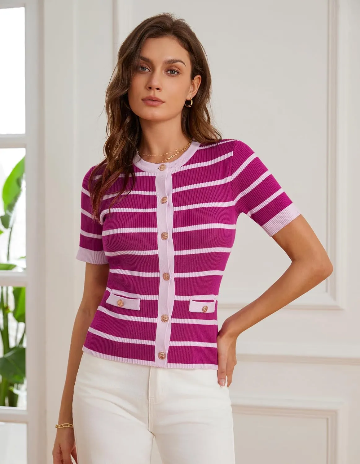 GRACE KARIN Women's Short Sleeve Striped Sweater Gold Button Cardigan Fitted Knit Crewneck Button Down Business Casual Top