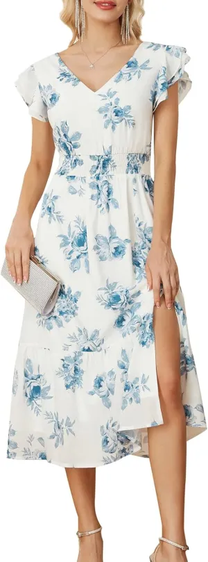 GRACE KARIN Women's V Neck Ruffle Sleeve Summer Dress 2025 Split Flowy Tiered Midi Dress Wedding Guest Cocktail Dresses