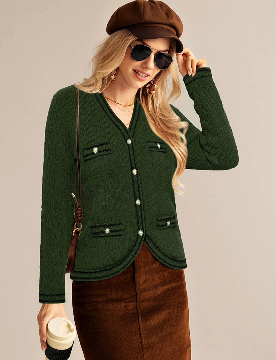 GRACE KARIN Women's Cropped Cardigan Sweaters Long Sleeve Elegant Pearl Button Down Knit Open Front V-Neck Jacket Tops