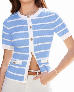 GRACE KARIN Women's Short Sleeve Striped Sweater Gold Button Cardigan Fitted Knit Crewneck Button Down Business Casual Top