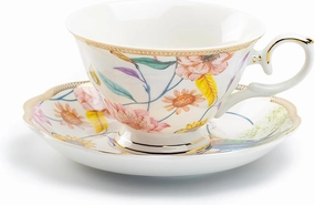 Grace Teaware Spring Flowers with Hummingbird Fine Porcelain Fluted Tea Cup and Saucer