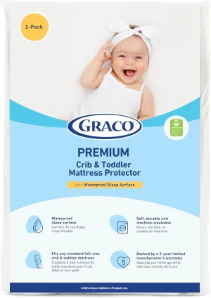 Graco Premium Waterproof Crib and Toddler Mattress Protector (2 Pack) – GREENGUARD Gold Certified, Machine-Washable & Dryer-Friendly, Waterproof Sleep Surface, Fits Crib & Mattress