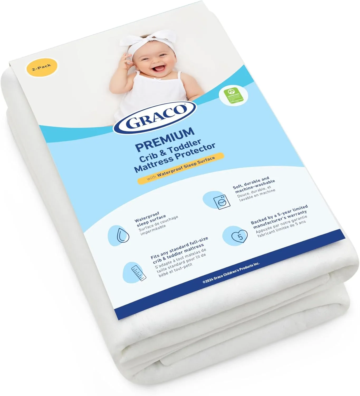 Graco Premium Waterproof Crib and Toddler Mattress Protector (2 Pack) – GREENGUARD Gold Certified, Machine-Washable & Dryer-Friendly, Waterproof Sleep Surface, Fits Crib & Mattress