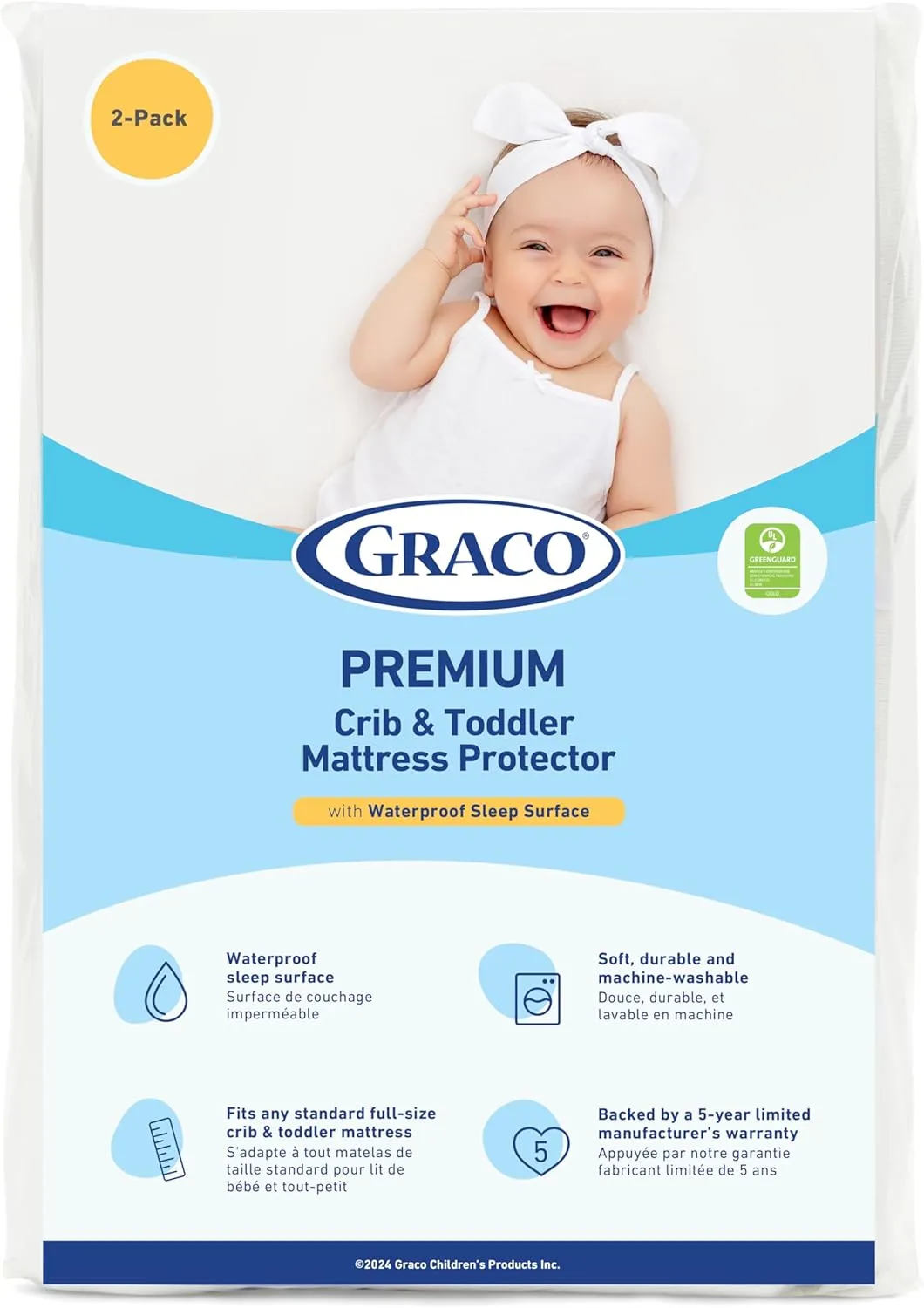 Graco Premium Waterproof Crib and Toddler Mattress Protector (2 Pack) – GREENGUARD Gold Certified, Machine-Washable & Dryer-Friendly, Waterproof Sleep Surface, Fits Crib & Mattress