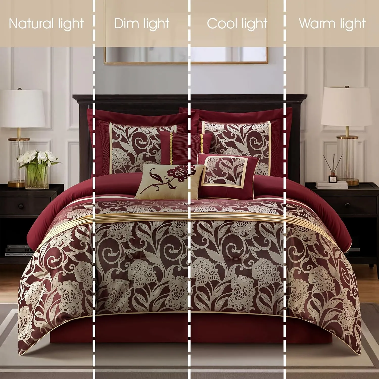 Grand Avenue Black and Red Comforter Set California King Size, 7 Piece Jacquard Floral Bedding Set, All Season, Ultra-Soft, Matching Pillows & Shams, Bed Skirt