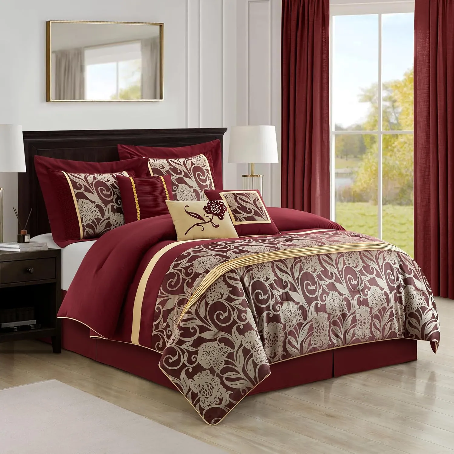 Grand Avenue Black and Red Comforter Set California King Size, 7 Piece Jacquard Floral Bedding Set, All Season, Ultra-Soft, Matching Pillows & Shams, Bed Skirt