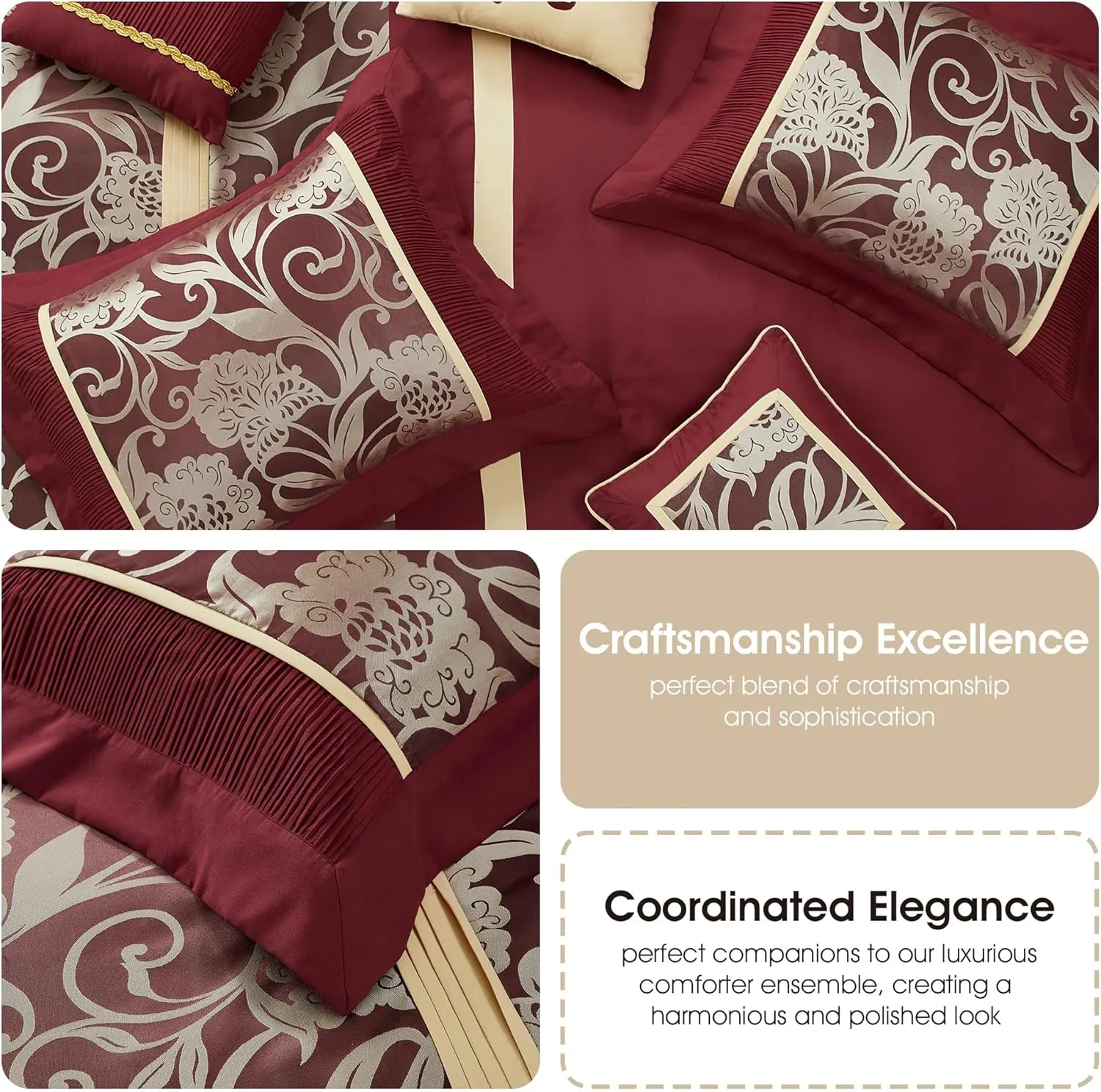 Grand Avenue Black and Red Comforter Set California King Size, 7 Piece Jacquard Floral Bedding Set, All Season, Ultra-Soft, Matching Pillows & Shams, Bed Skirt