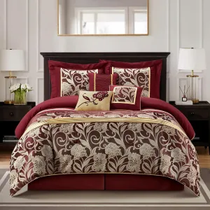 Grand Avenue Black and Red Comforter Set California King Size, 7 Piece Jacquard Floral Bedding Set, All Season, Ultra-Soft, Matching Pillows & Shams, Bed Skirt