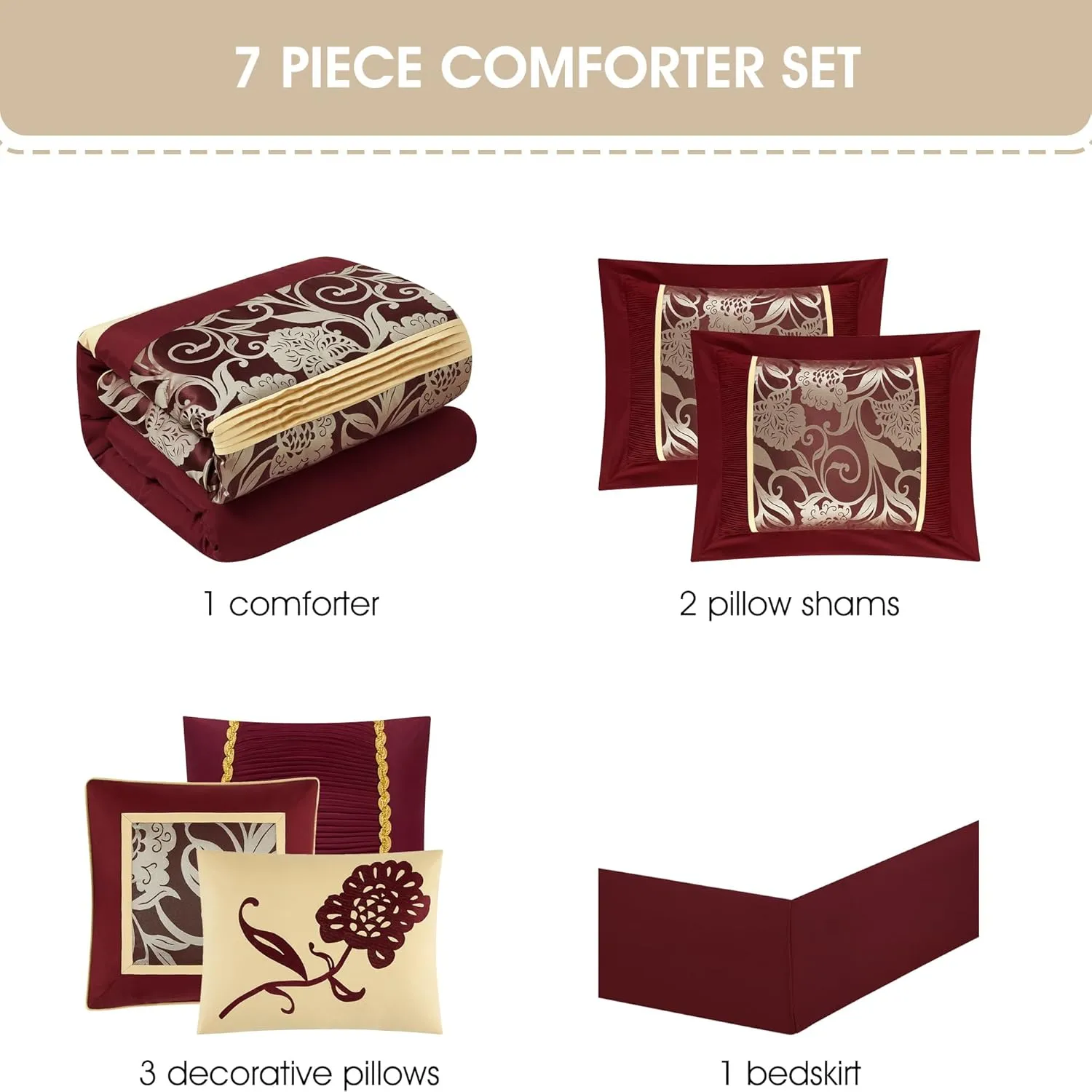 Grand Avenue Black and Red Comforter Set California King Size, 7 Piece Jacquard Floral Bedding Set, All Season, Ultra-Soft, Matching Pillows & Shams, Bed Skirt