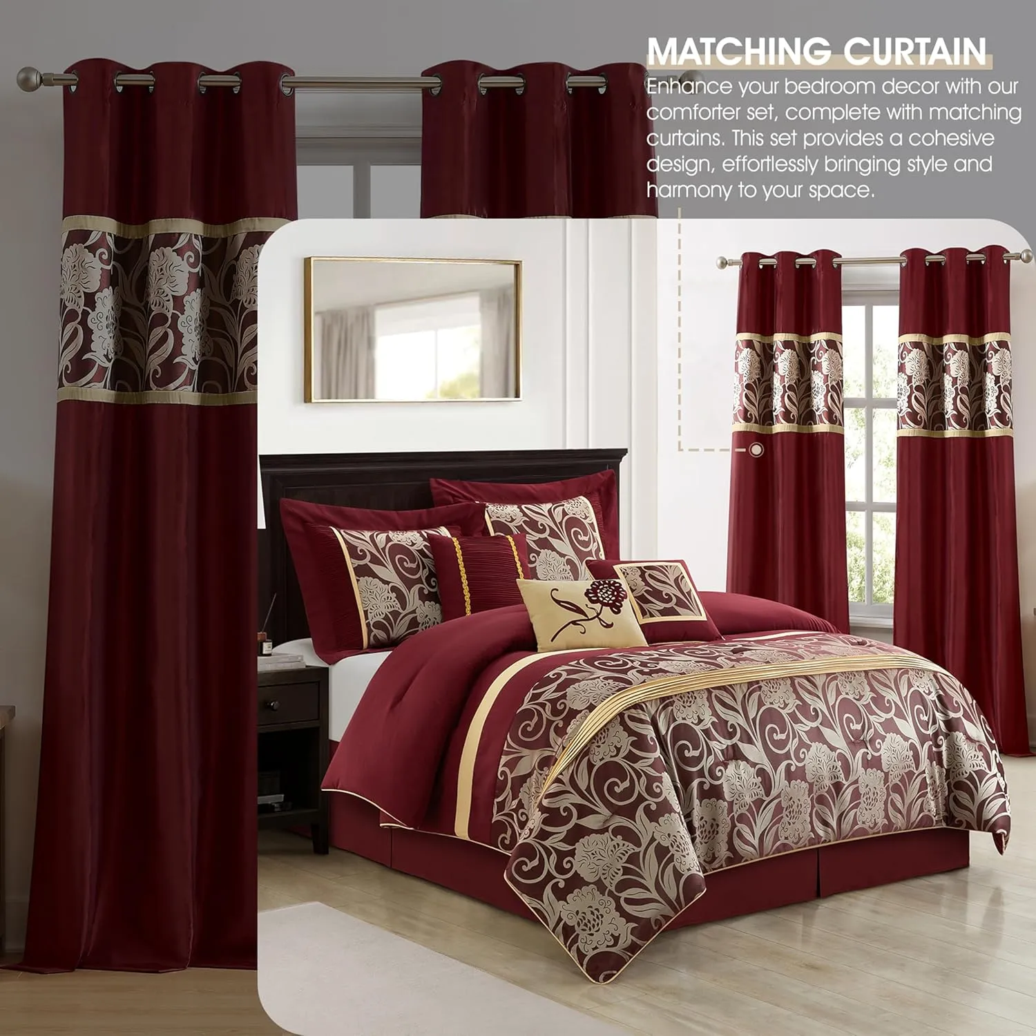 Grand Avenue Red and Gold Comforter Set Queen Size, 9 Piece Jacquard Floral Bedding Set, All Season, Ultra-Soft, Matching Pillows & Shams, Bed Skirt, Curtains
