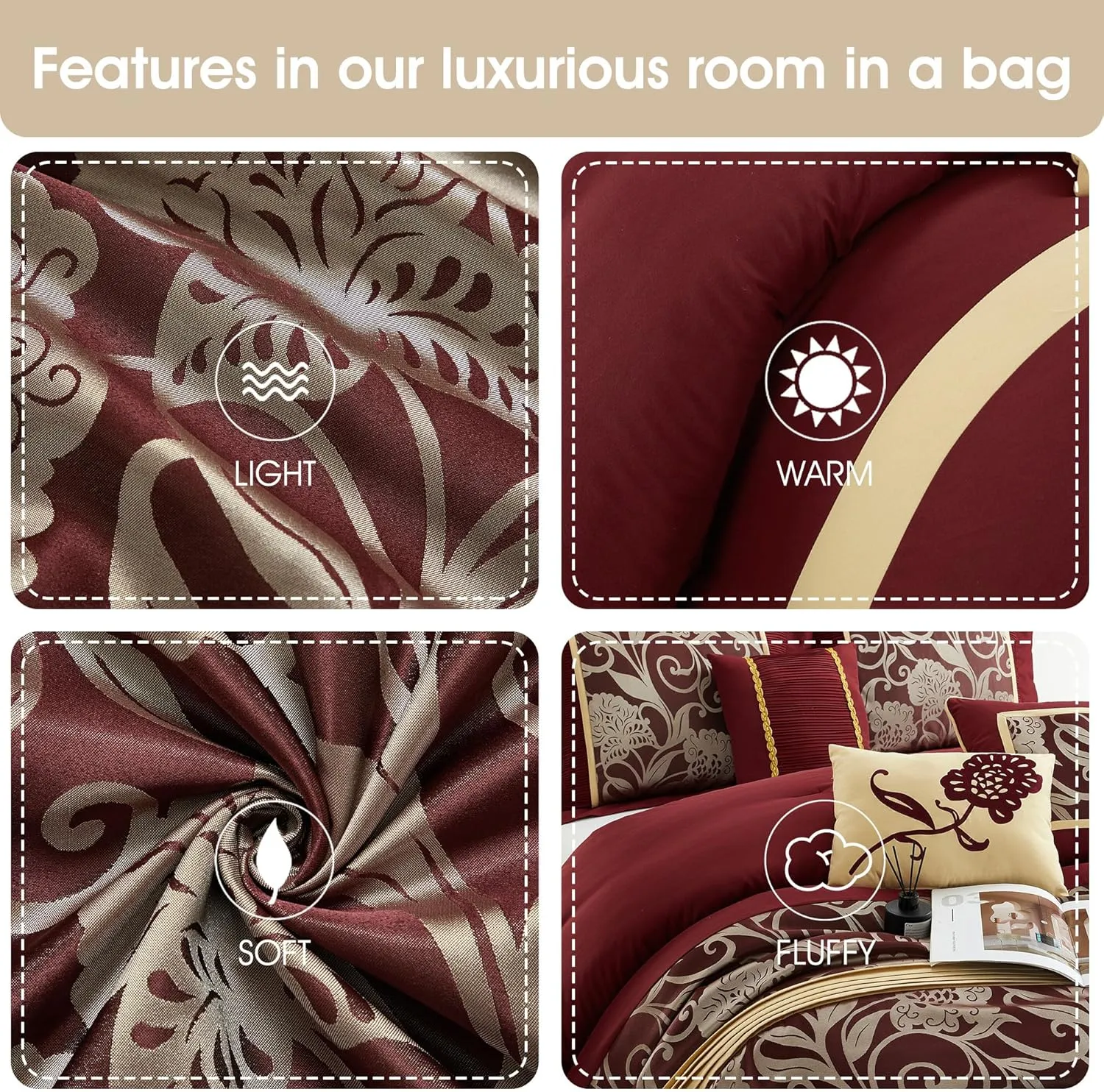 Grand Avenue Red and Gold Comforter Set Queen Size, 9 Piece Jacquard Floral Bedding Set, All Season, Ultra-Soft, Matching Pillows & Shams, Bed Skirt, Curtains