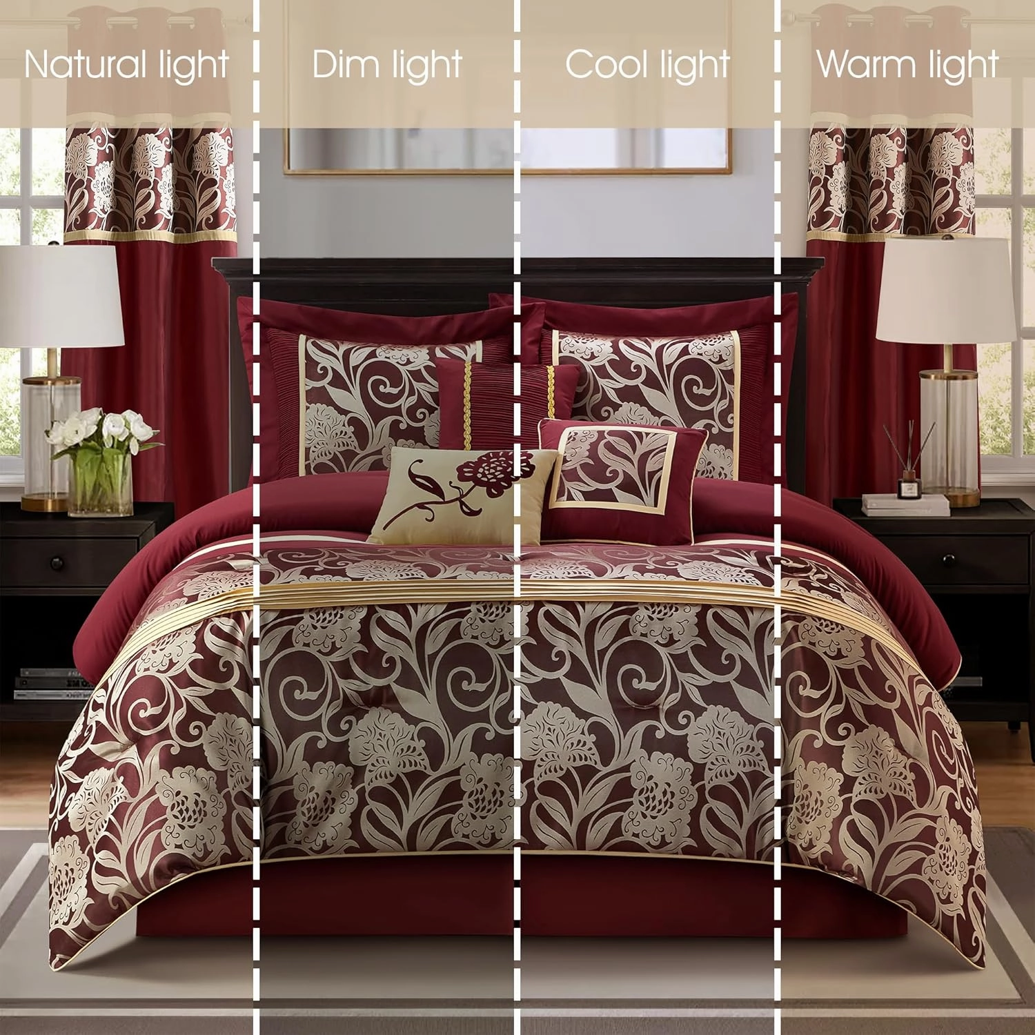 Grand Avenue Red and Gold Comforter Set California King Size, 9 Piece Jacquard Floral Bedding Set, All Season, Ultra-Soft, Matching Pillows & Shams, Bed Skirt, Curtains