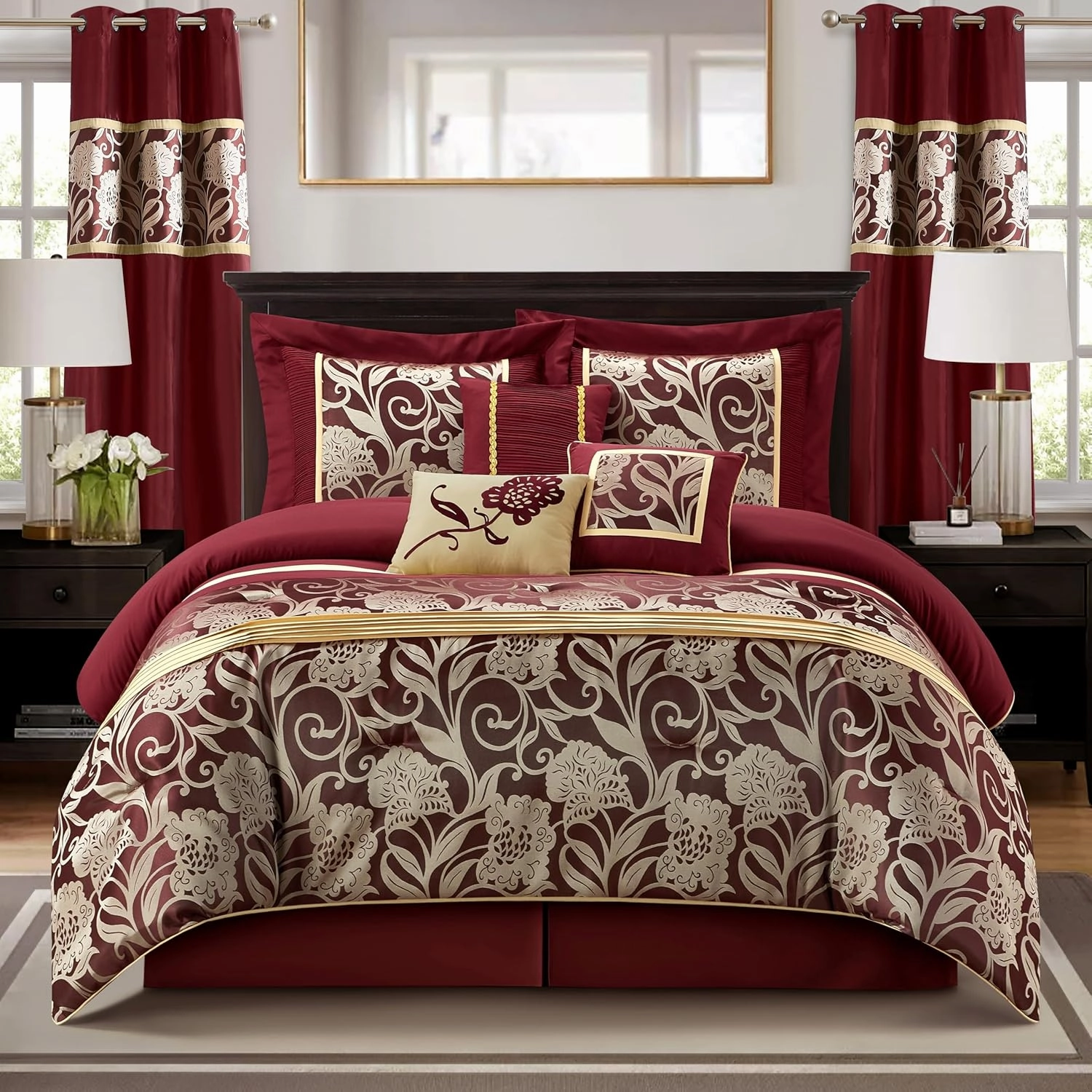 Grand Avenue Red and Gold Comforter Set California King Size, 9 Piece Jacquard Floral Bedding Set, All Season, Ultra-Soft, Matching Pillows & Shams, Bed Skirt, Curtains