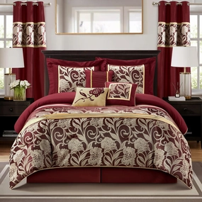 Grand Avenue Red and Gold Comforter Set California King Size, 9 Piece Jacquard Floral Bedding Set, All Season, Ultra-Soft, Matching Pillows & Shams, Bed Skirt, Curtains