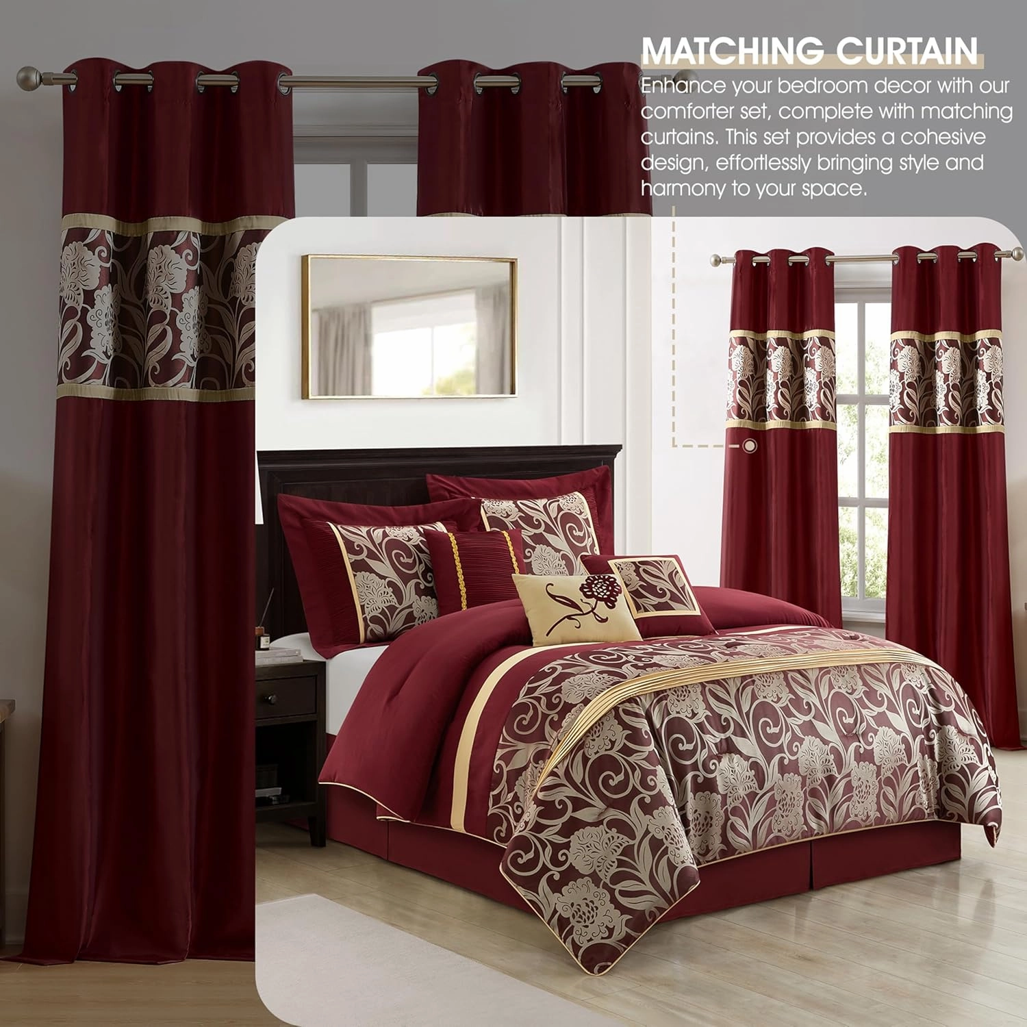 Grand Avenue Red and Gold Comforter Set California King Size, 9 Piece Jacquard Floral Bedding Set, All Season, Ultra-Soft, Matching Pillows & Shams, Bed Skirt, Curtains