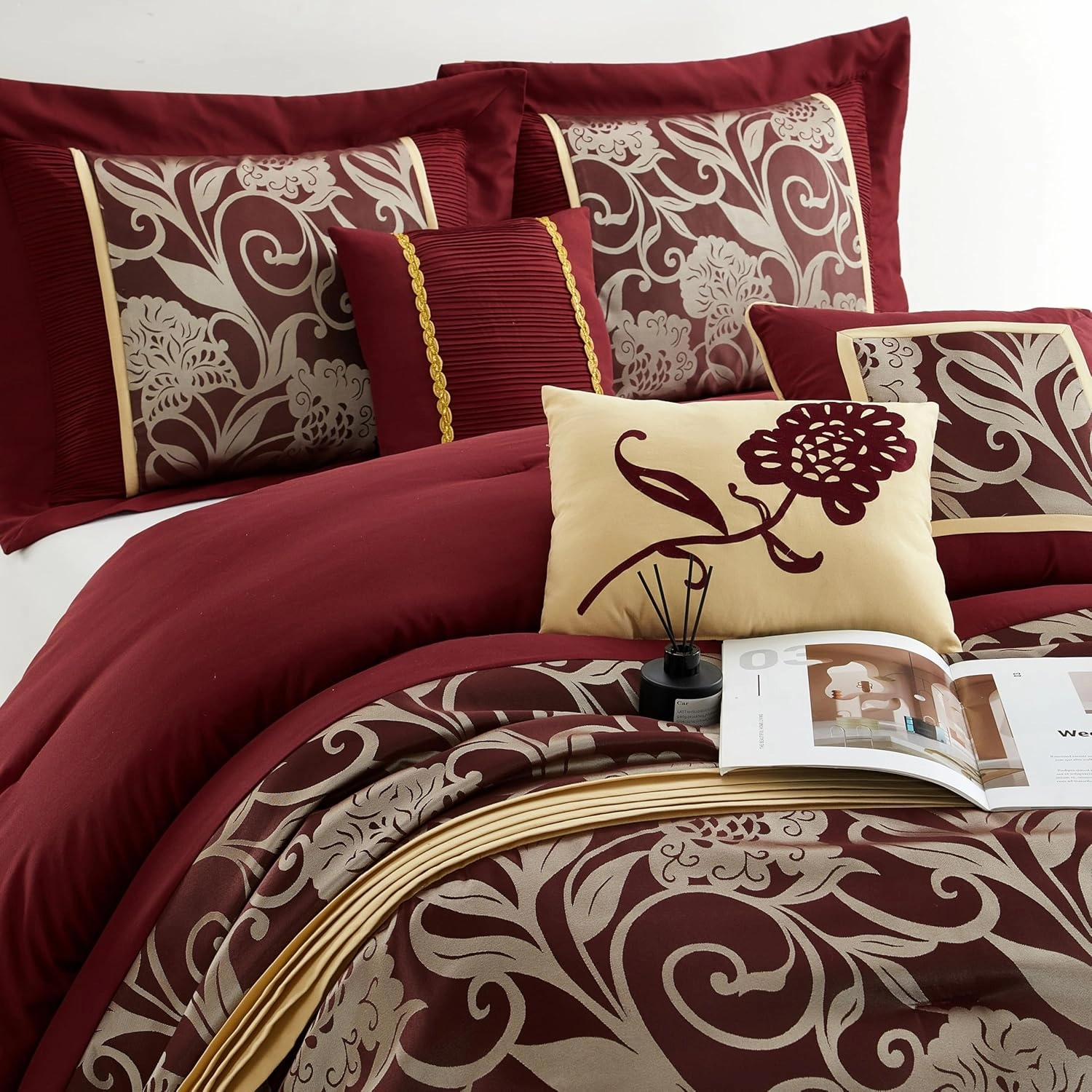 Grand Avenue Red and Gold Comforter Set California King Size, 9 Piece Jacquard Floral Bedding Set, All Season, Ultra-Soft, Matching Pillows & Shams, Bed Skirt, Curtains