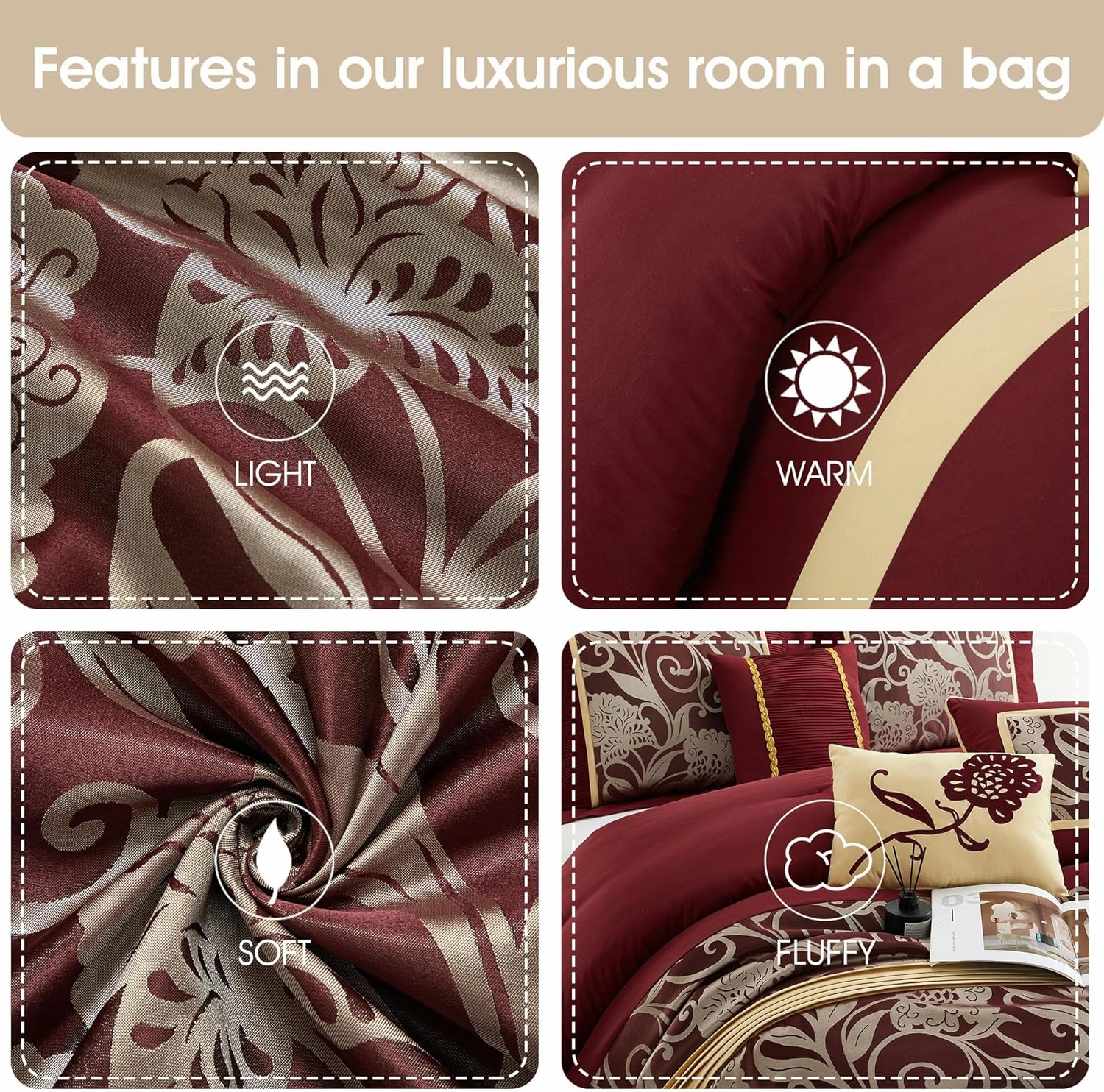 Grand Avenue Red and Gold Comforter Set California King Size, 9 Piece Jacquard Floral Bedding Set, All Season, Ultra-Soft, Matching Pillows & Shams, Bed Skirt, Curtains