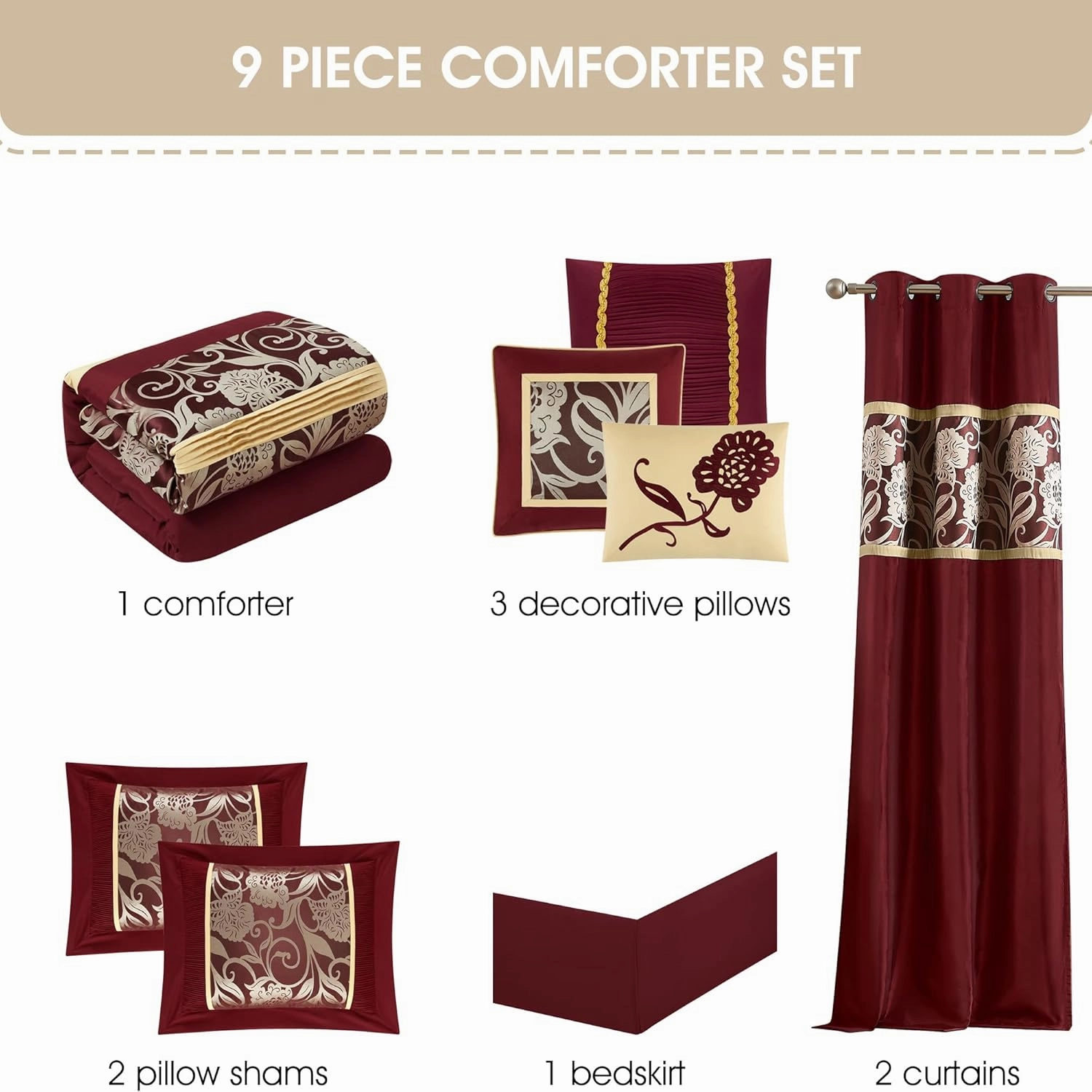 Grand Avenue Red and Gold Comforter Set California King Size, 9 Piece Jacquard Floral Bedding Set, All Season, Ultra-Soft, Matching Pillows & Shams, Bed Skirt, Curtains