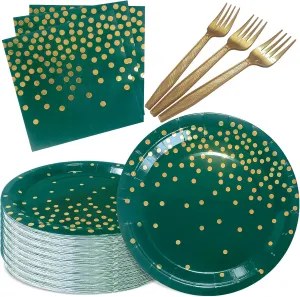 Green Paper Plates and Napkins Party Supplies,Serve 35 Guests 7 Inch Dark Green and Gold Party Plates and Napkins for Wedding Graduation