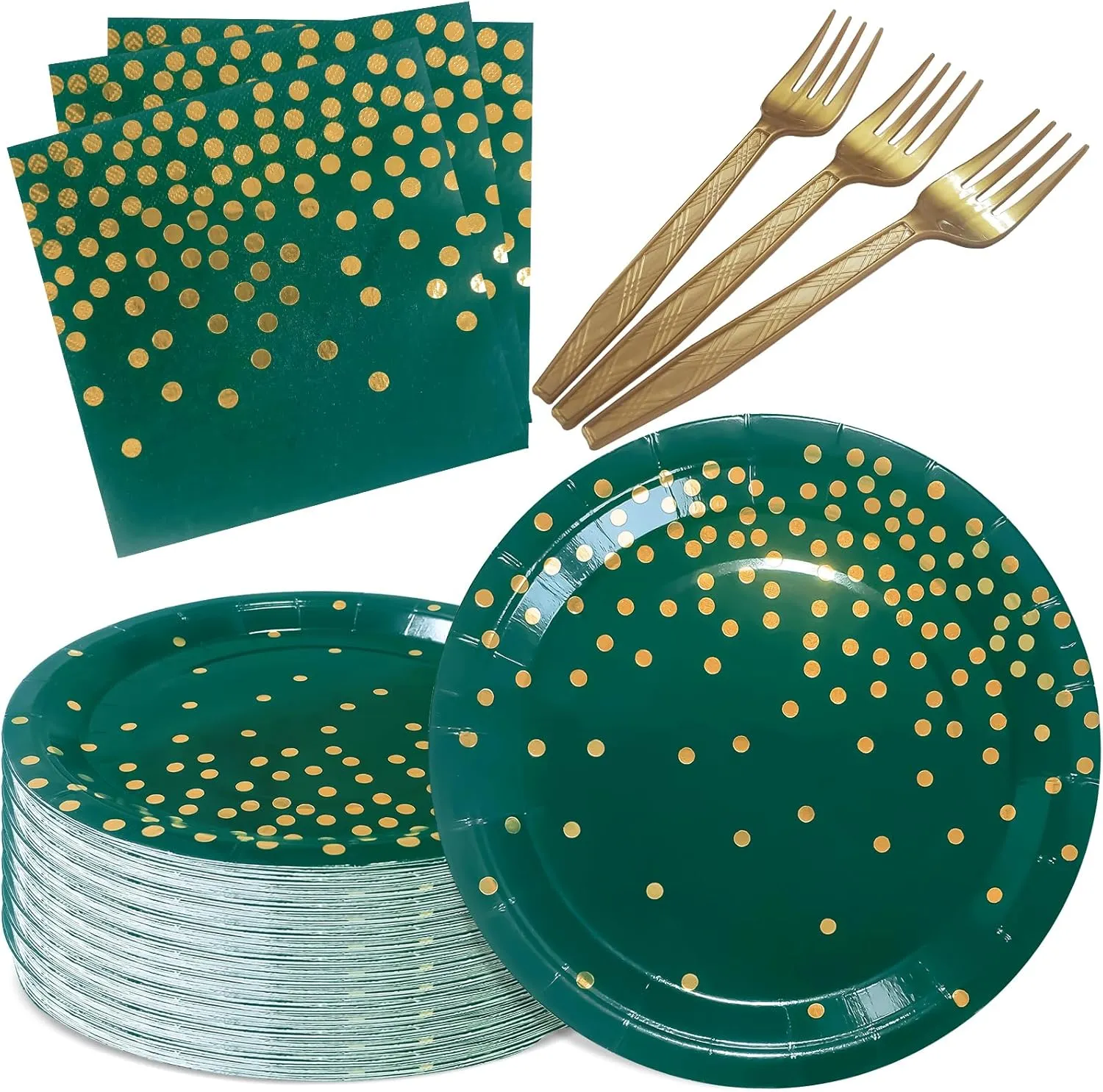 Green Paper Plates and Napkins Party Supplies,Serve 35 Guests 7 Inch Dark Green and Gold Party Plates and Napkins for Wedding Graduation