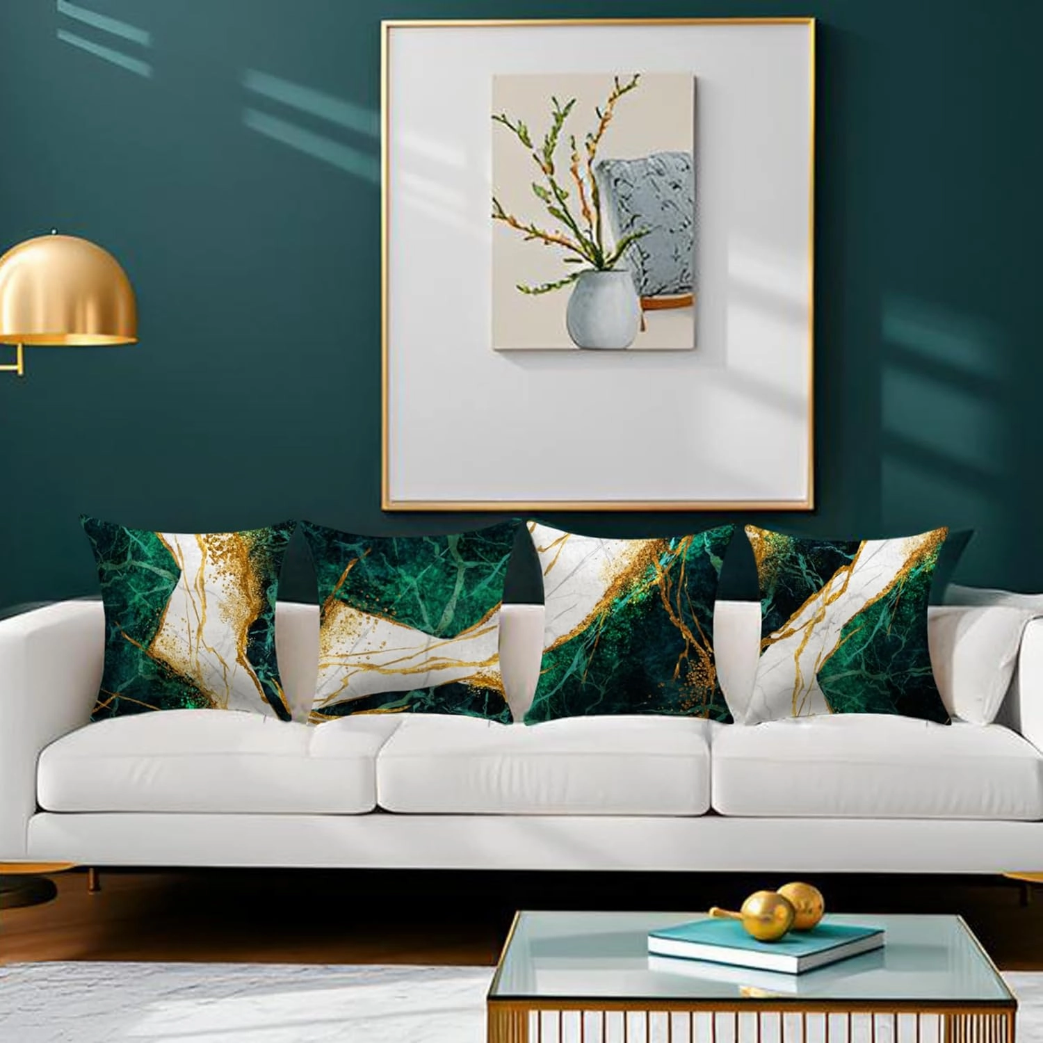 Green and Gold Throw Pillow Covers Set of 4-18x18 Inch Emerald Green and Gold Decorative Pillows for Home Decor Sofa, Couch, Bedroom, Living Room Decor Pillow Cases