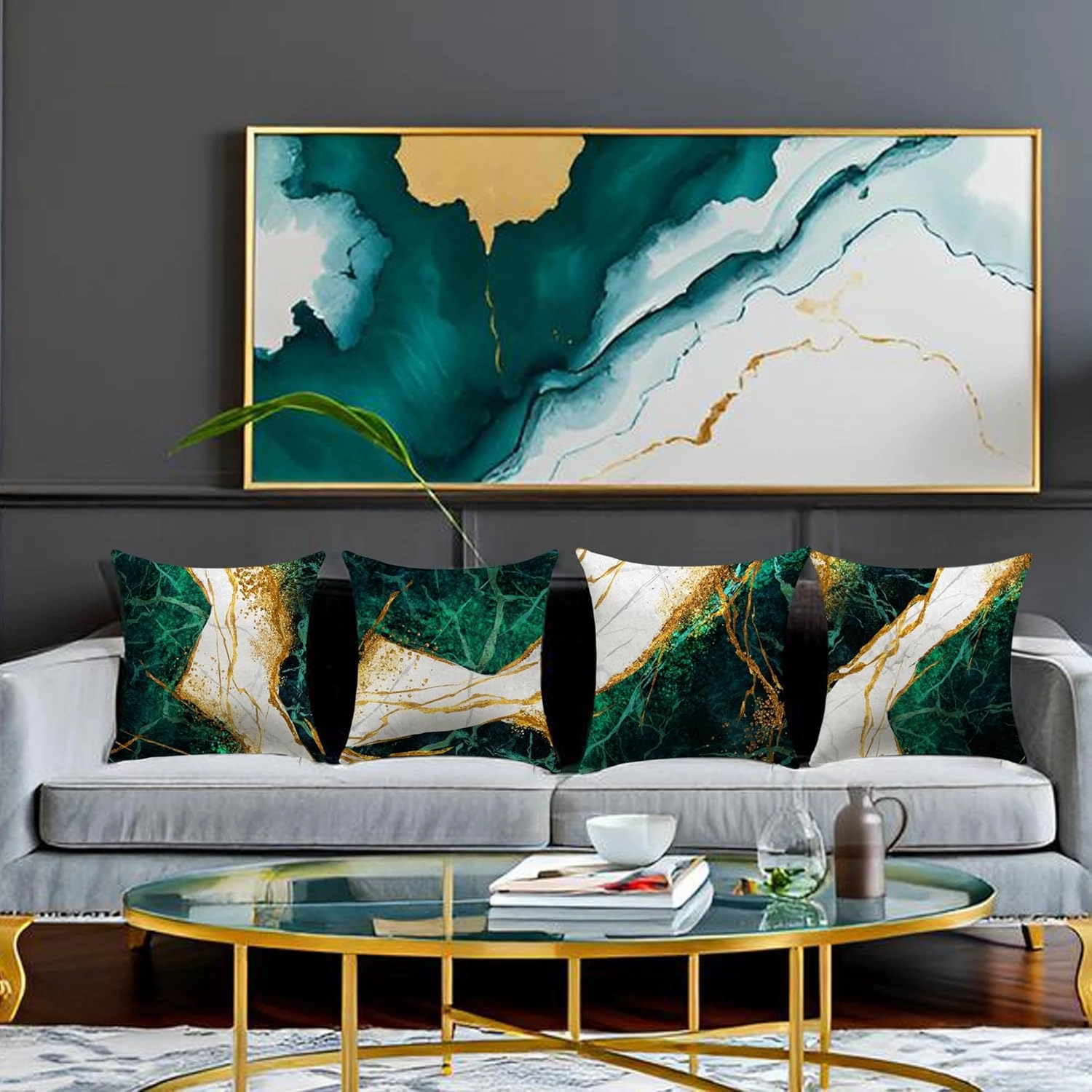 Green and Gold Throw Pillow Covers Set of 4-18x18 Inch Emerald Green and Gold Decorative Pillows for Home Decor Sofa, Couch, Bedroom, Living Room Decor Pillow Cases