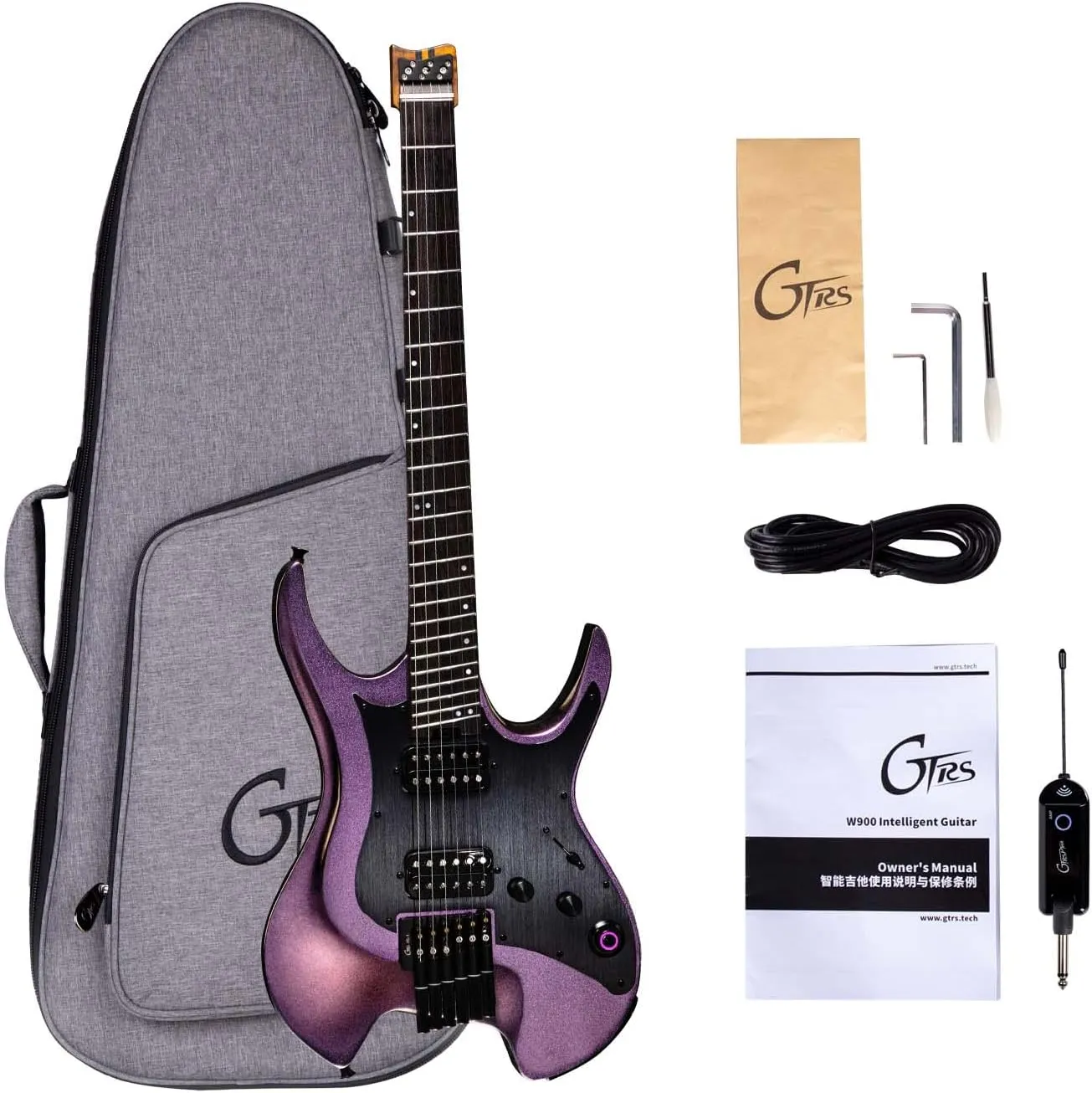 GTRS W900 Headless Travel Guitar Smart Electric Guitar With APP Effects, Loop and Drum Machine, 9H Bettary Life, Color-changing Paint Body for Beginner, Professional(Pink)