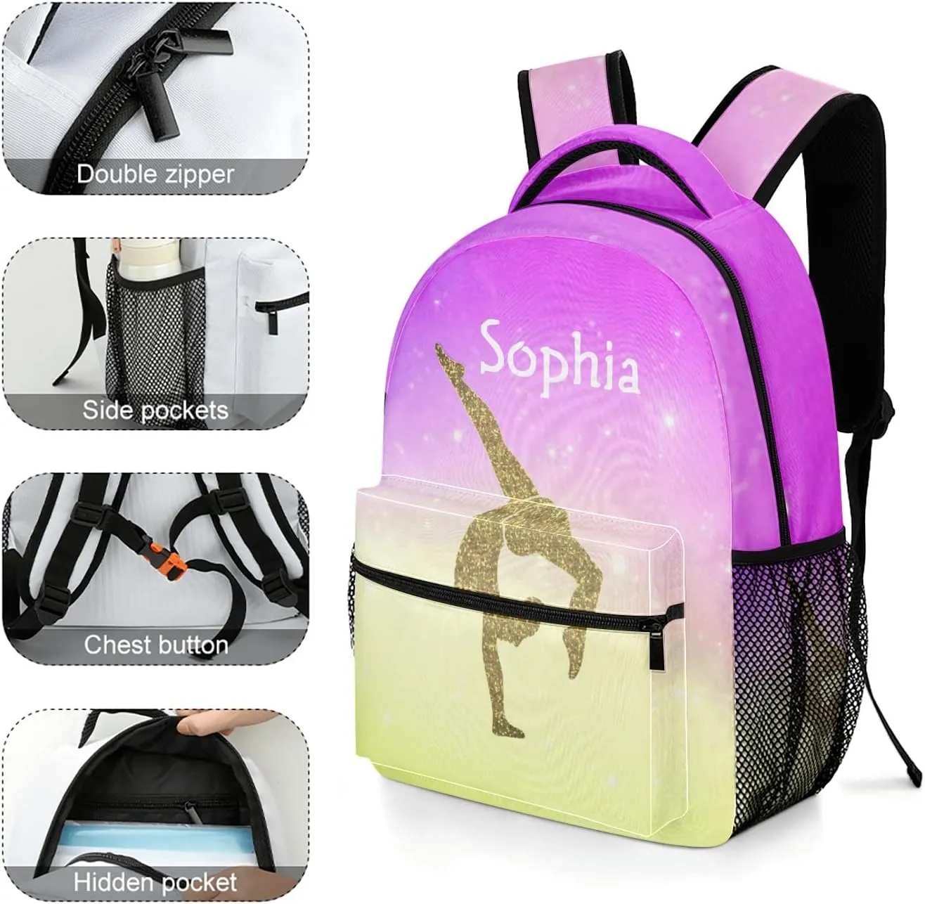Gymnastics Leap Pastel Pink Personalized Backpack Waterproof Bags for Girls Boys Gift with Name