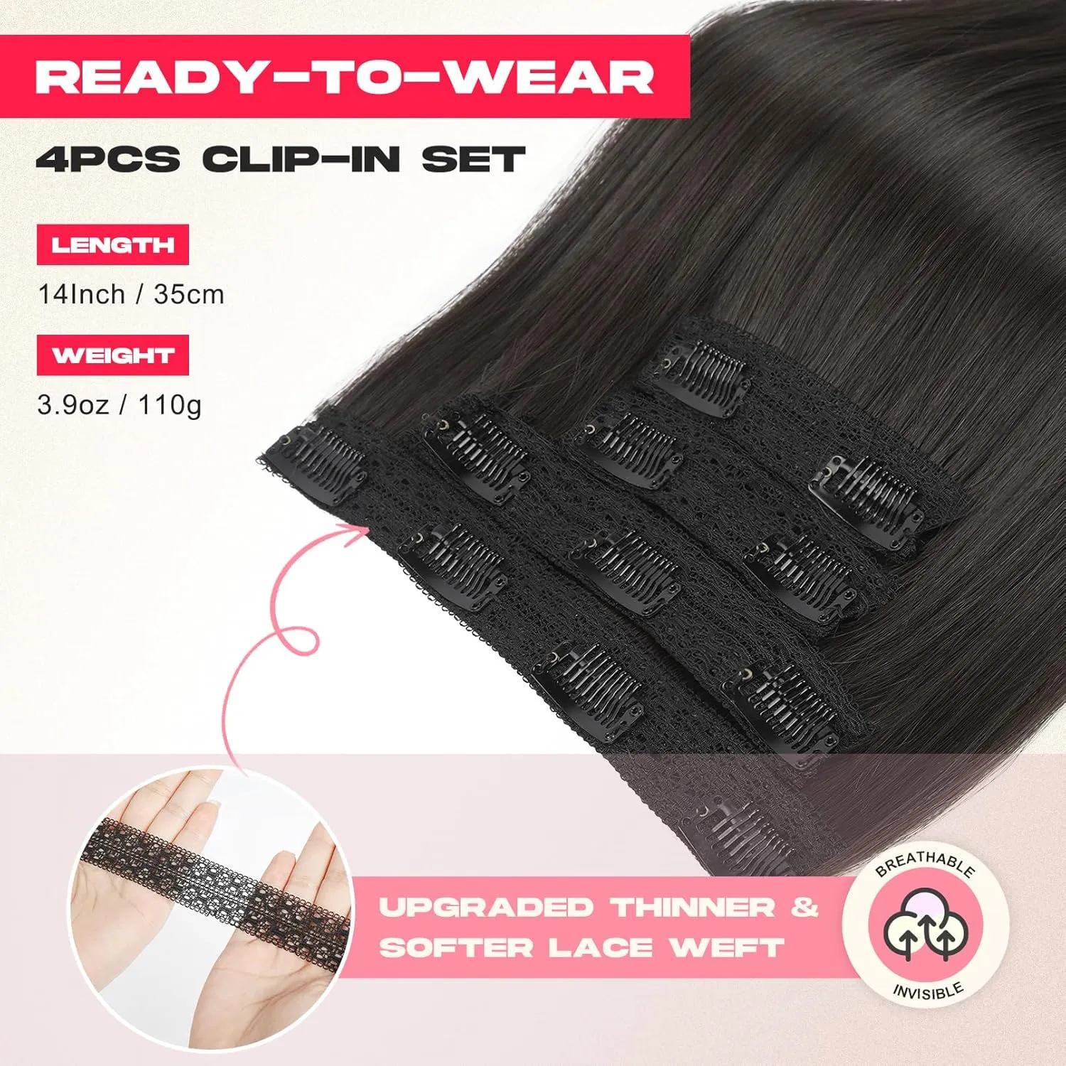 Hair Extensions, 14" Short Clip in Hair Extensions 4PCS Straight Natural Soft Synthetic Hairpiece for Women - Black Brown