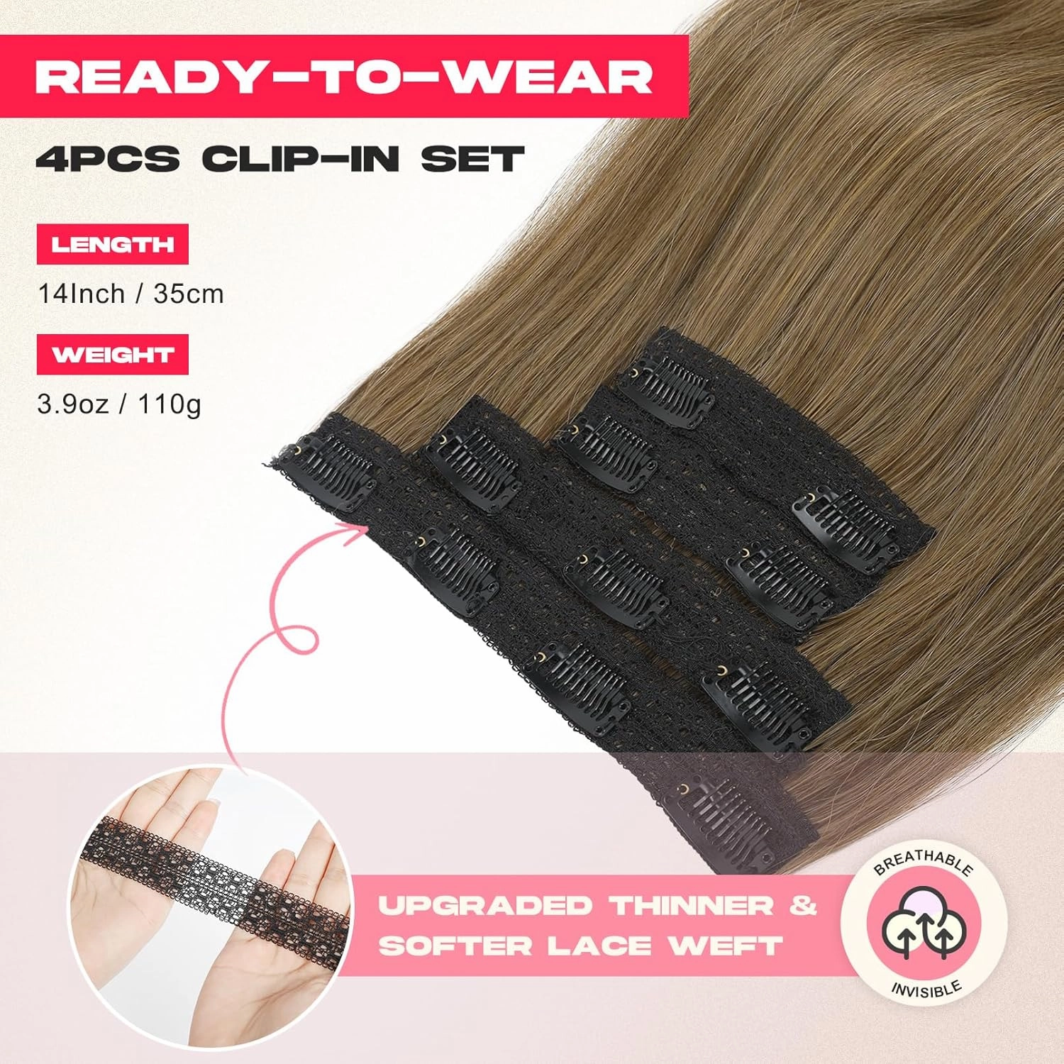 Hair Extensions, 14" Short Clip in Hair Extensions 4PCS Straight Natural Soft Synthetic Hairpiece for Women - Ash Brown