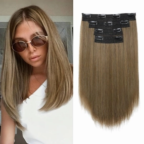 Hair Extensions, 14" Short Clip in Hair Extensions 4PCS Straight Natural Soft Synthetic Hairpiece for Women - Ash Brown