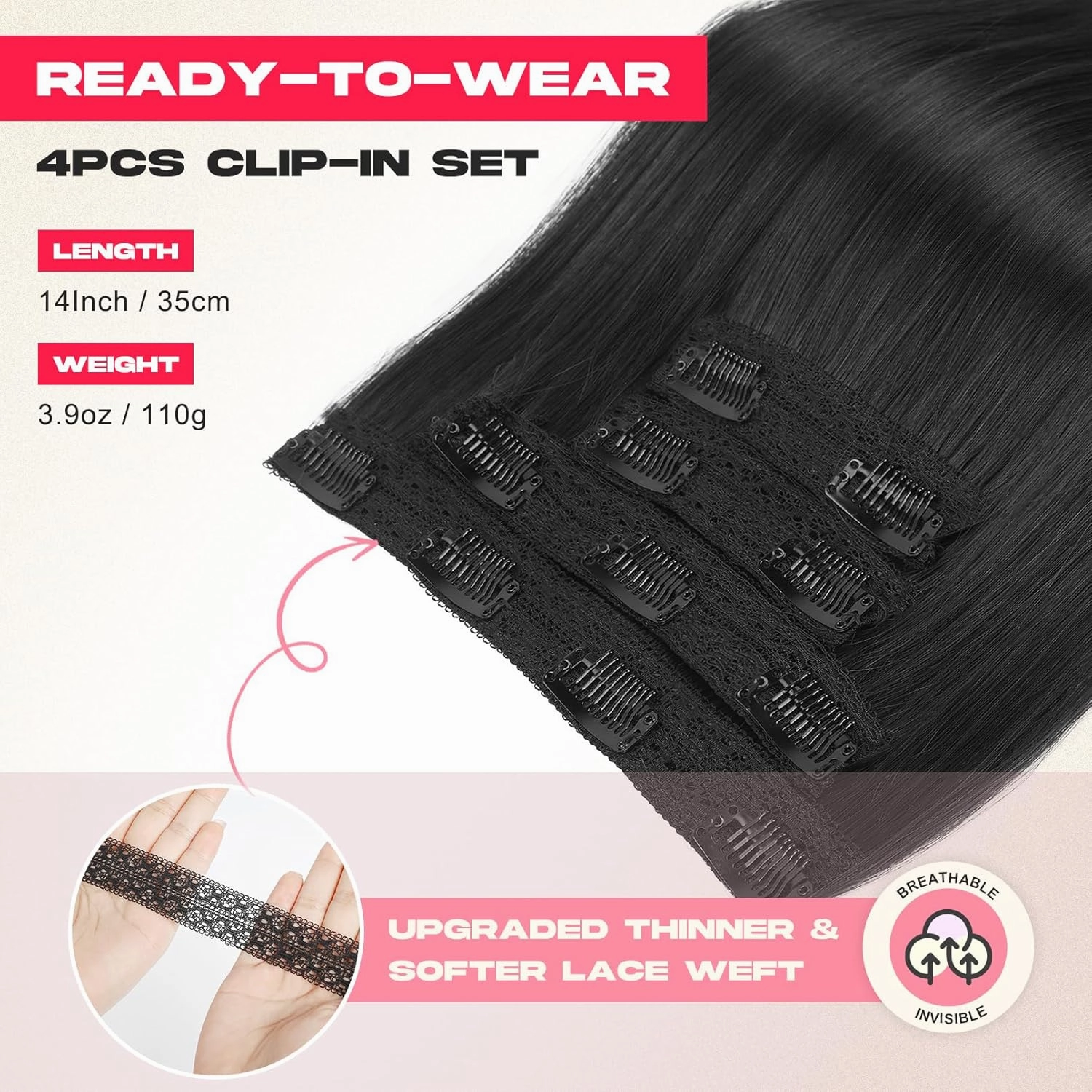 Hair Extensions, 14" Short Clip in Hair Extensions 4PCS Straight Natural Soft Synthetic Hairpiece for Women - Black