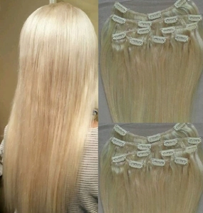 Hair Faux You 20" Clip in Hair Extensions Real Human Hair 90g Clip on for Full Head 7 pieces, 14 clips, Silky Straight Weft Remy Hair Color #613 Platinum Blonde,NOT White Blonde, with a touch of gold
