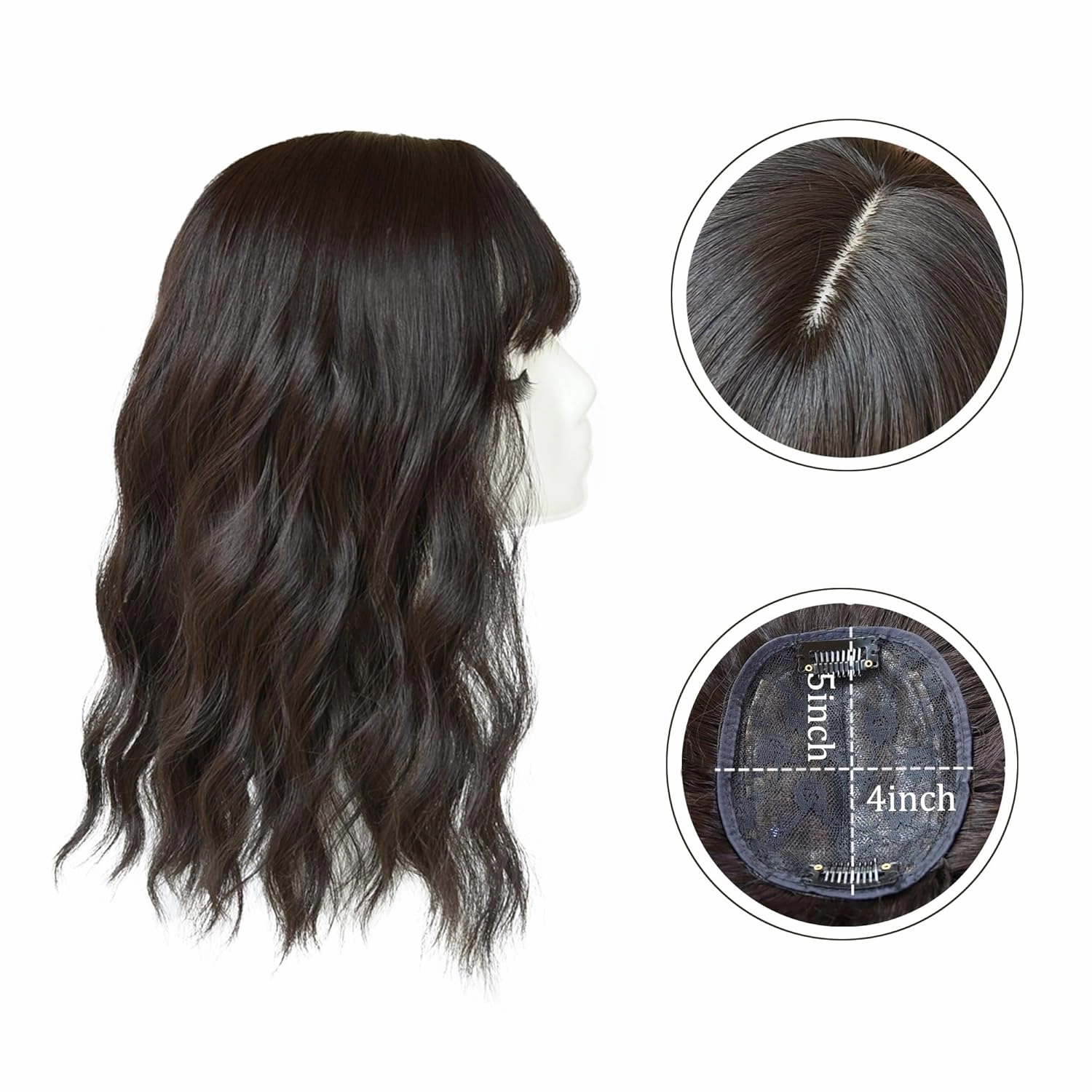 HairTopper With Bangs Loose Water Wave Hairpiece Clip in Synthetic Hair Topper Synthetic Hair Toupee for Women Girls (18inch, Blackish Brown)