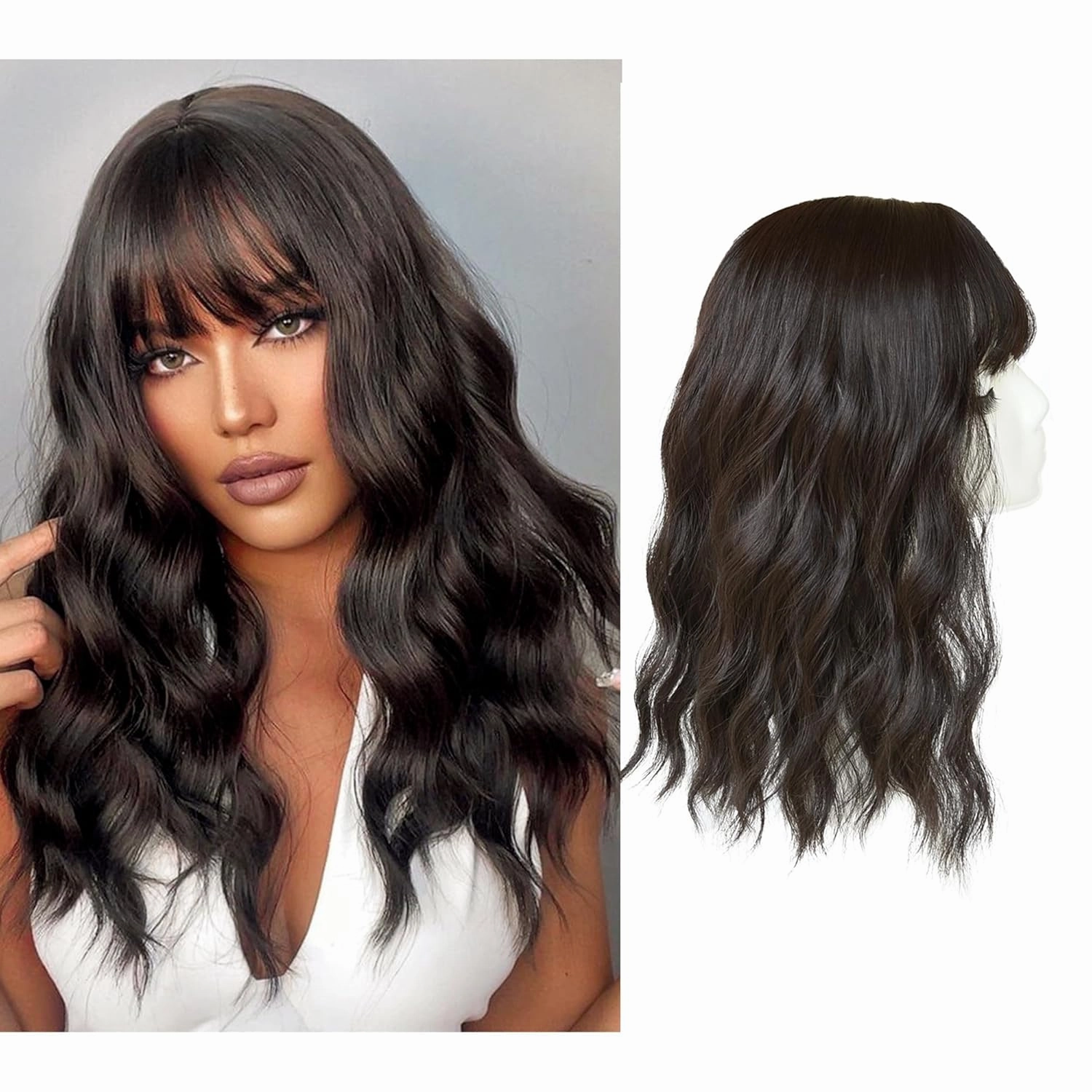 HairTopper With Bangs Loose Water Wave Hairpiece Clip in Synthetic Hair Topper Synthetic Hair Toupee for Women Girls (18inch, Blackish Brown)