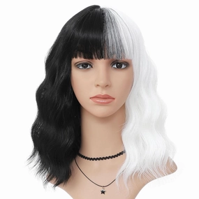 Half Black and Half White Wig with Bangs for Women, Short Wavy Cruella Wig 14 Inch Shoulder Length Colored Wig Party Cosplay Halloween Wigs