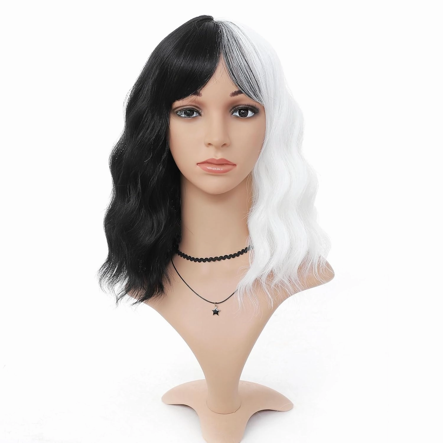 Half Black and Half White Wig with Bangs for Women, Short Wavy Cruella Wig 14 Inch Shoulder Length Colored Wig Party Cosplay Halloween Wigs
