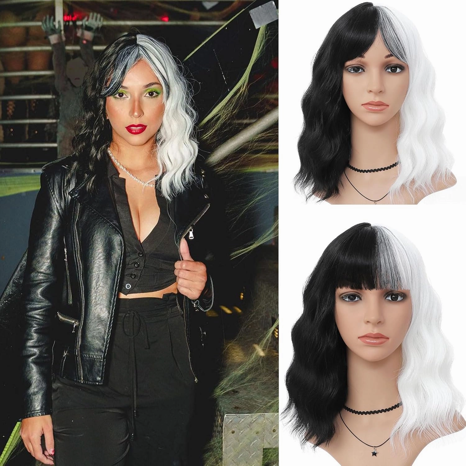 Half Black and Half White Wig with Bangs for Women, Short Wavy Cruella Wig 14 Inch Shoulder Length Colored Wig Party Cosplay Halloween Wigs
