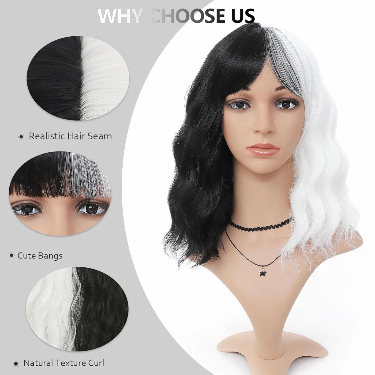 Half Black and Half White Wig with Bangs for Women, Short Wavy Cruella Wig 14 Inch Shoulder Length Colored Wig Party Cosplay Halloween Wigs
