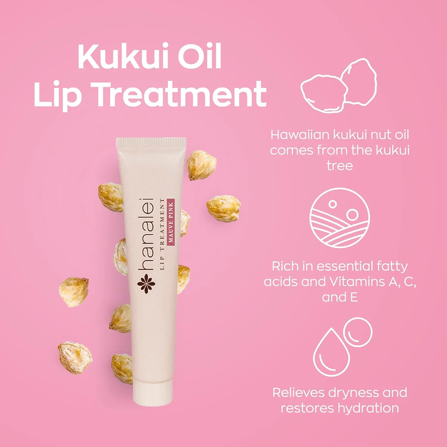 Hanalei Lip Treatment for Dry, Chapped Lips – Intensive Overnight Moisturizer with Kukui Oil, Shea Butter & Grapeseed Oil – Hydrating Balm for Healing Cracks – Mauve Pink Tint, 15g – Cruelty-Free