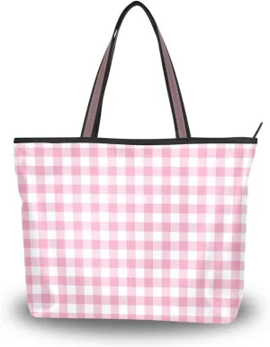 Handbag for Women Gingham Plaid Pink Shoulder Bag Gym Tote Travel Shopping Satchel