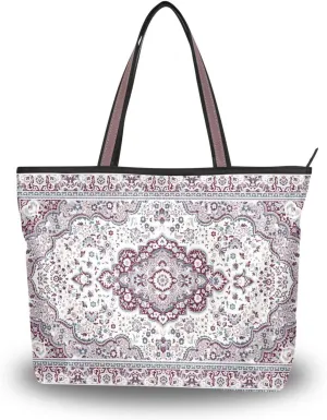 Handbag for Women Persian Carpet Ethnic Vintage Pink Shoulder Bag Gym Tote Travel Shopping Satchel