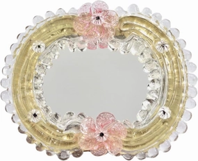 Handcrafted Ventian Mirror Antique Vintage Style, 6.5" W x 5.5" H, Murano Glass, Pink Flowers, Floral Tabletop Vanity Mirror with Stand, Antique Decorative Makeup Mirror, Made In Italy