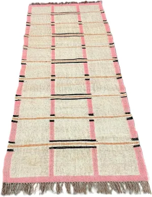 Handwoven Wool and Jute Area Rug, Traditional Kilim Dhurrie Pattern, Beige and Pink with Fringe (8X10 FEET, Pattern - 2)