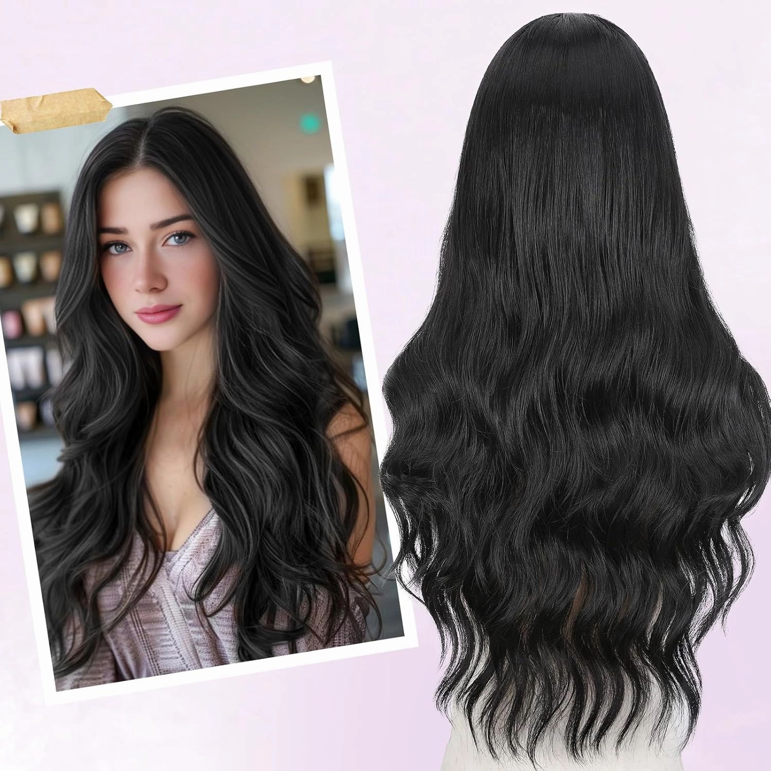 HANNE Long Wavy Black Wig Small Lace Synthetic Wig 26 Inch Natural Wavy Black Wigs for White Women(1B)